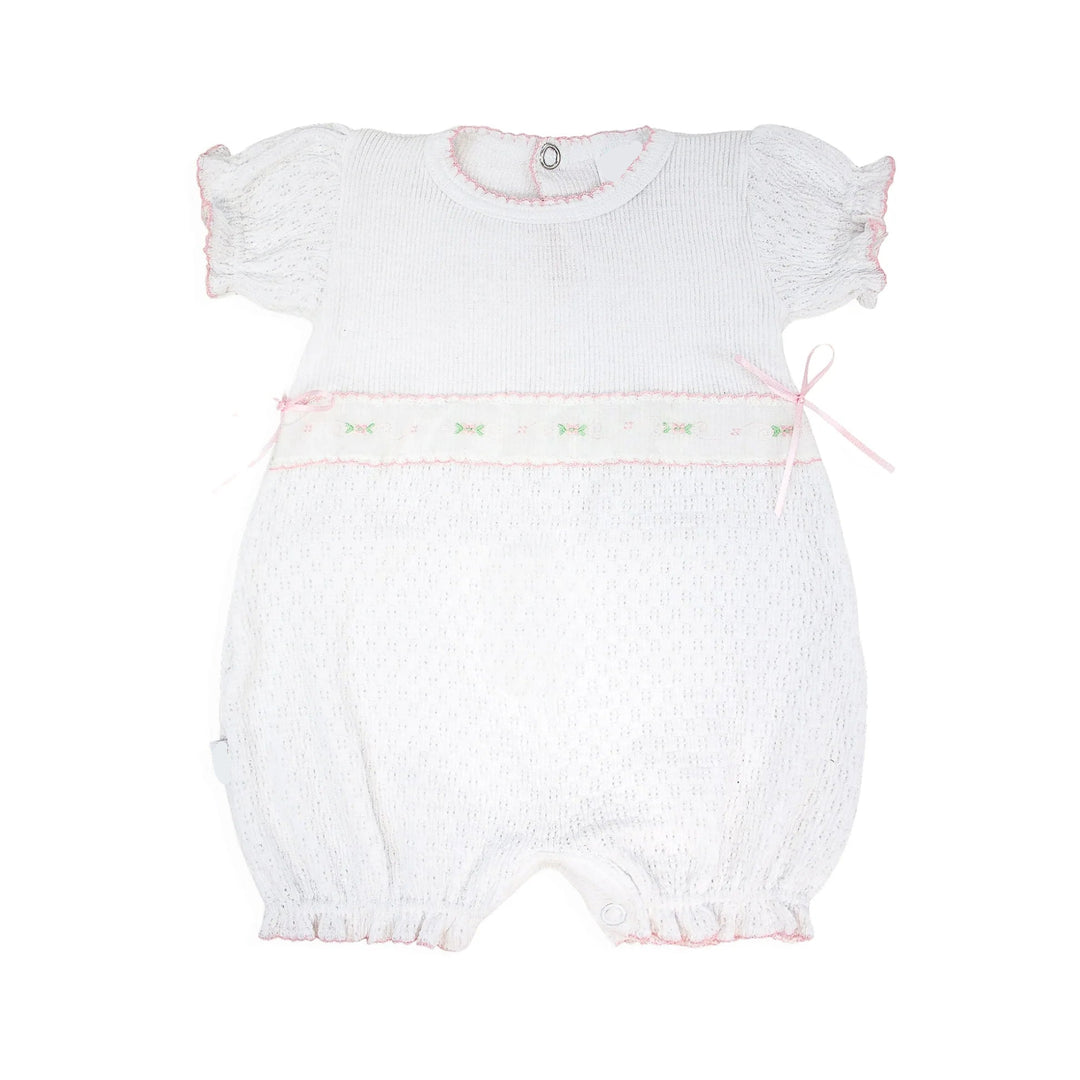 WHITE PATY KNIT ROMPER WITH SPRING FLORALS SHORT SLEEVE