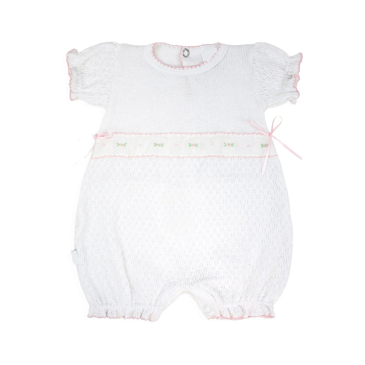 WHITE PATY KNIT ROMPER WITH SPRING FLORALS SHORT SLEEVE