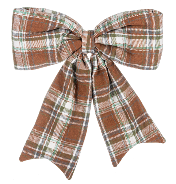 Plaid bow with brown, green, and white pattern on a white background
