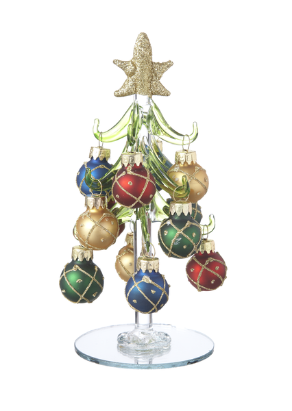 Decorative Christmas tree made of colorful glass ornaments on a white background