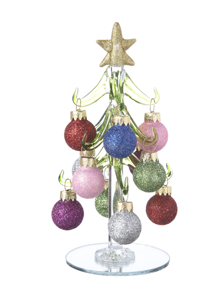 Decorative Christmas tree made of colorful ornaments on a clear stand with a gold star on a white background.