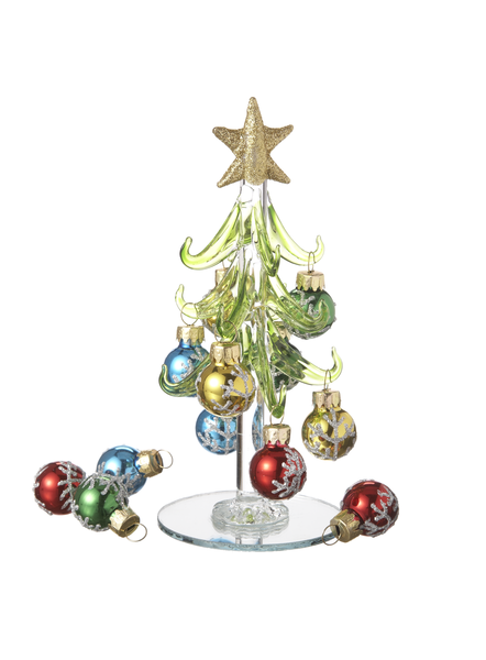 Decorative Christmas tree with colorful ornaments and a gold star on a white background
