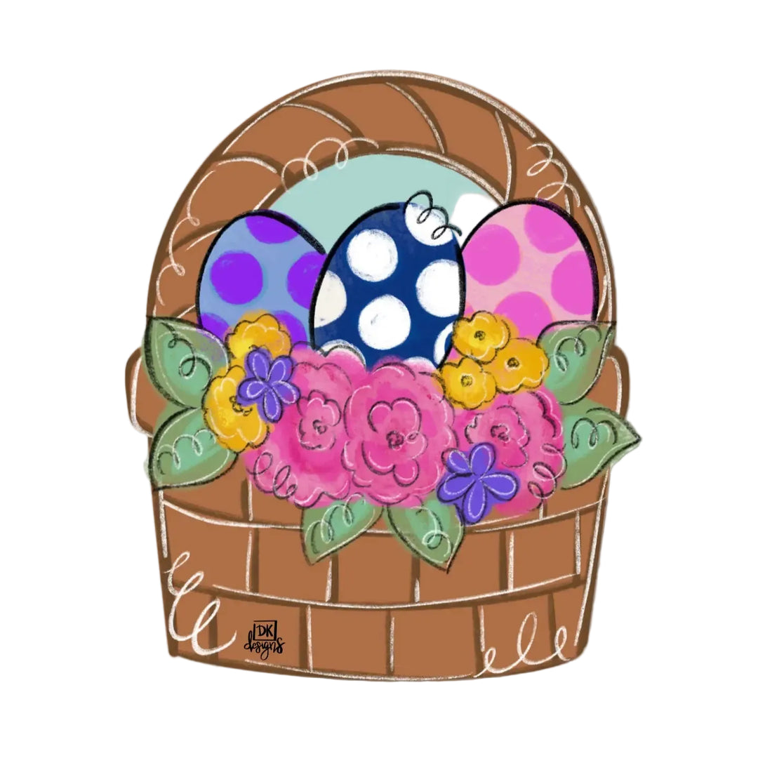 Easter basket wooden door hanger with colorful polka dot eggs, pink and yellow flowers, green leaves, and woven basket design, spring front door decor | Walker Boutique