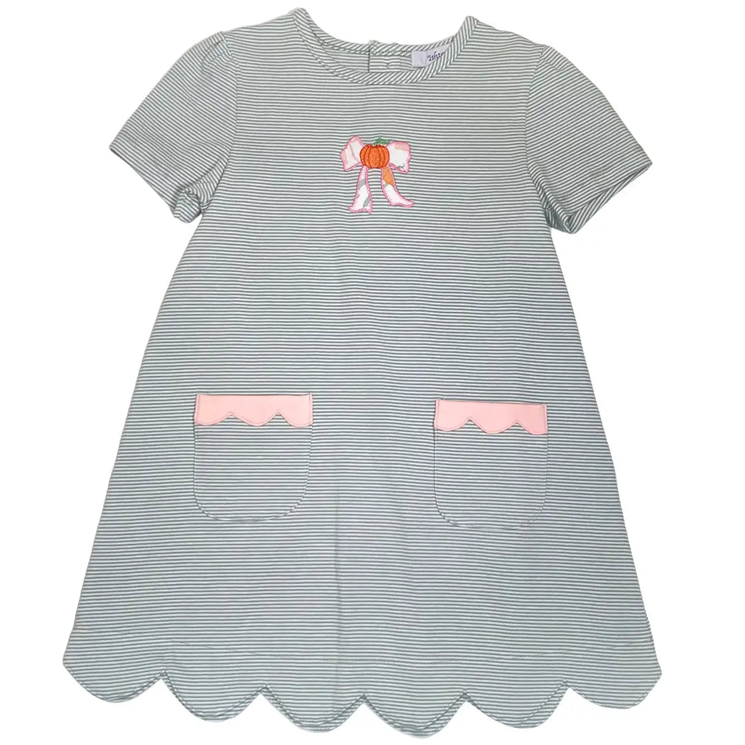 A pumpkin-topped floral bow adds playful harvest charm to this green-striped girls dress short sleeve on white background