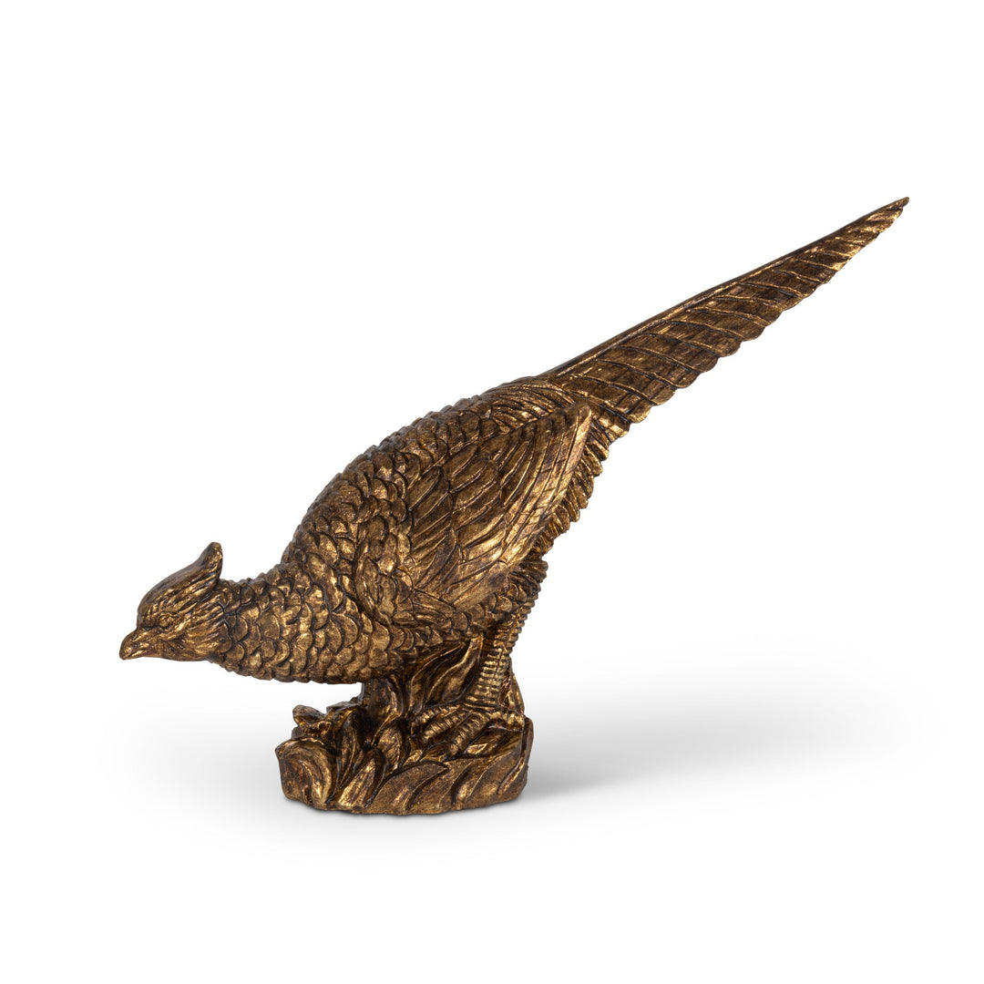 Bronze resin tabletop pheasant figurine in a flying pose