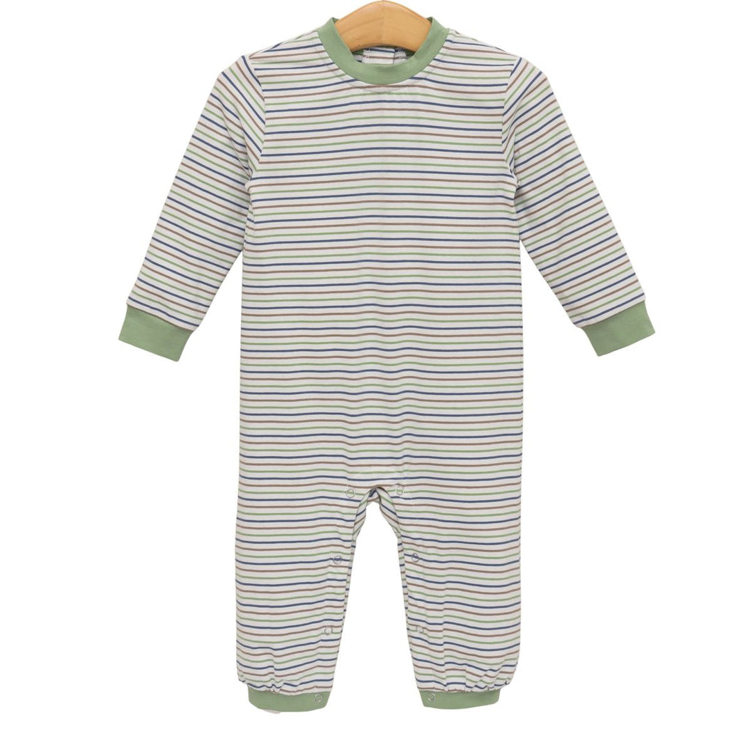GREEN, BROWN, BLUE STRIPED LONG SLEEVE ONSIE ON WHITE BACKGROUND
