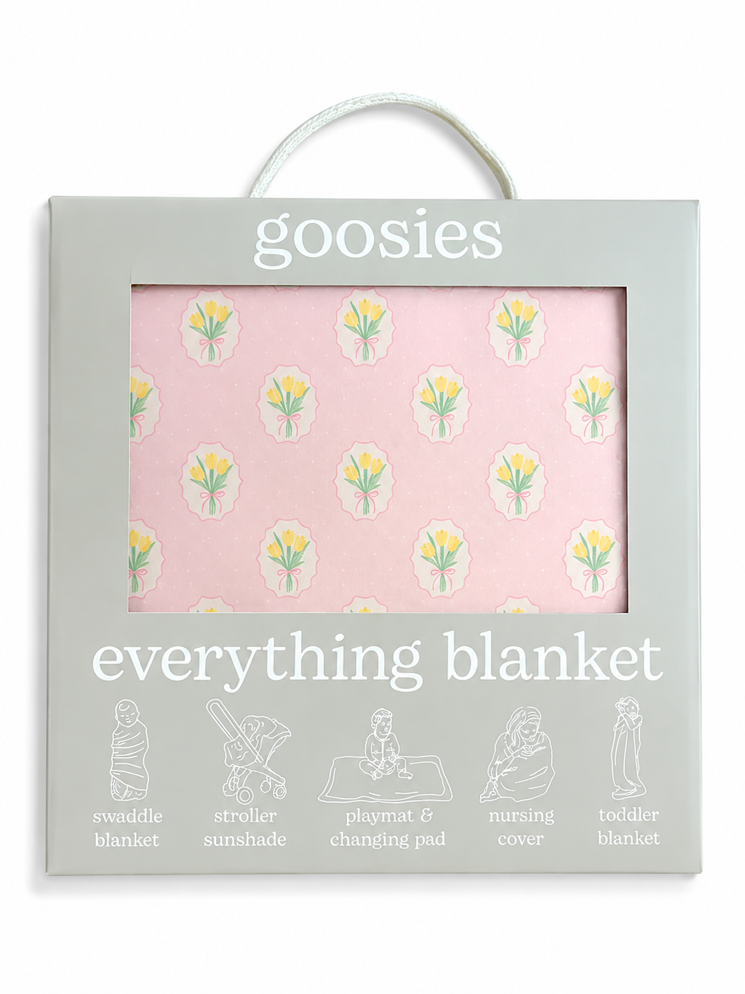 Baby blanket with floral pattern in a gray box labeled 'goosies'.