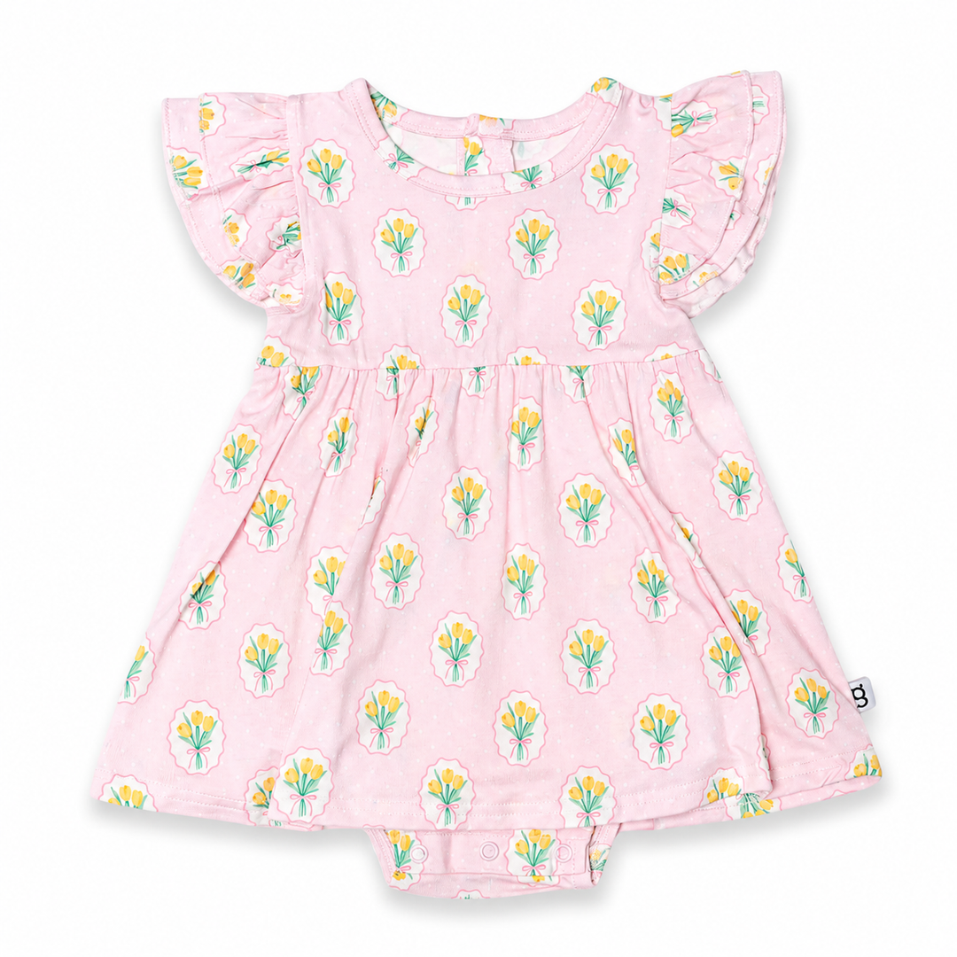 Pink dress with floral pattern on a white background