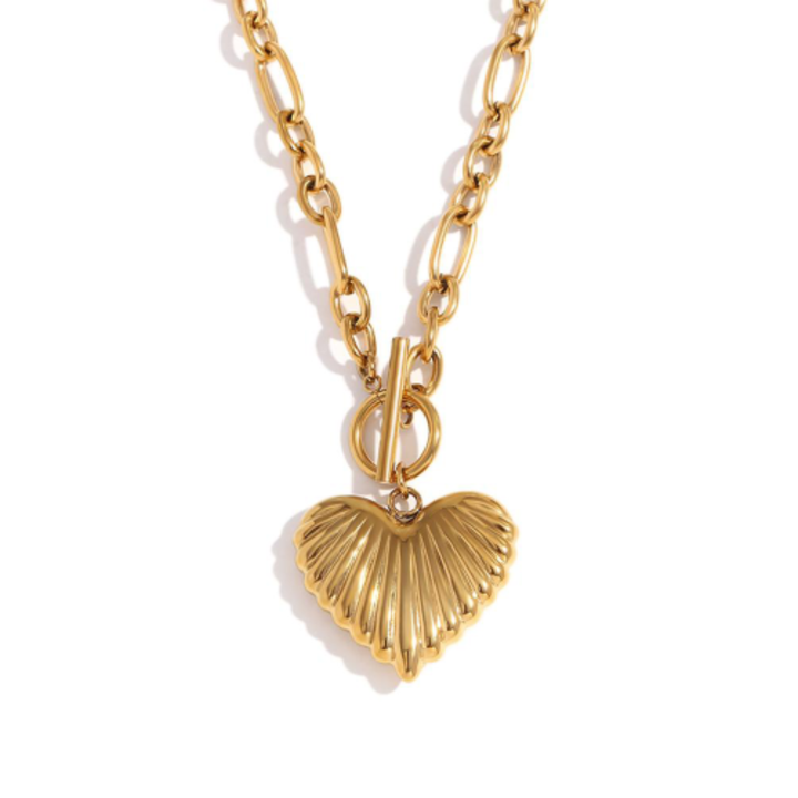 Gold Samantha textured heart pendant necklace with bold link chain