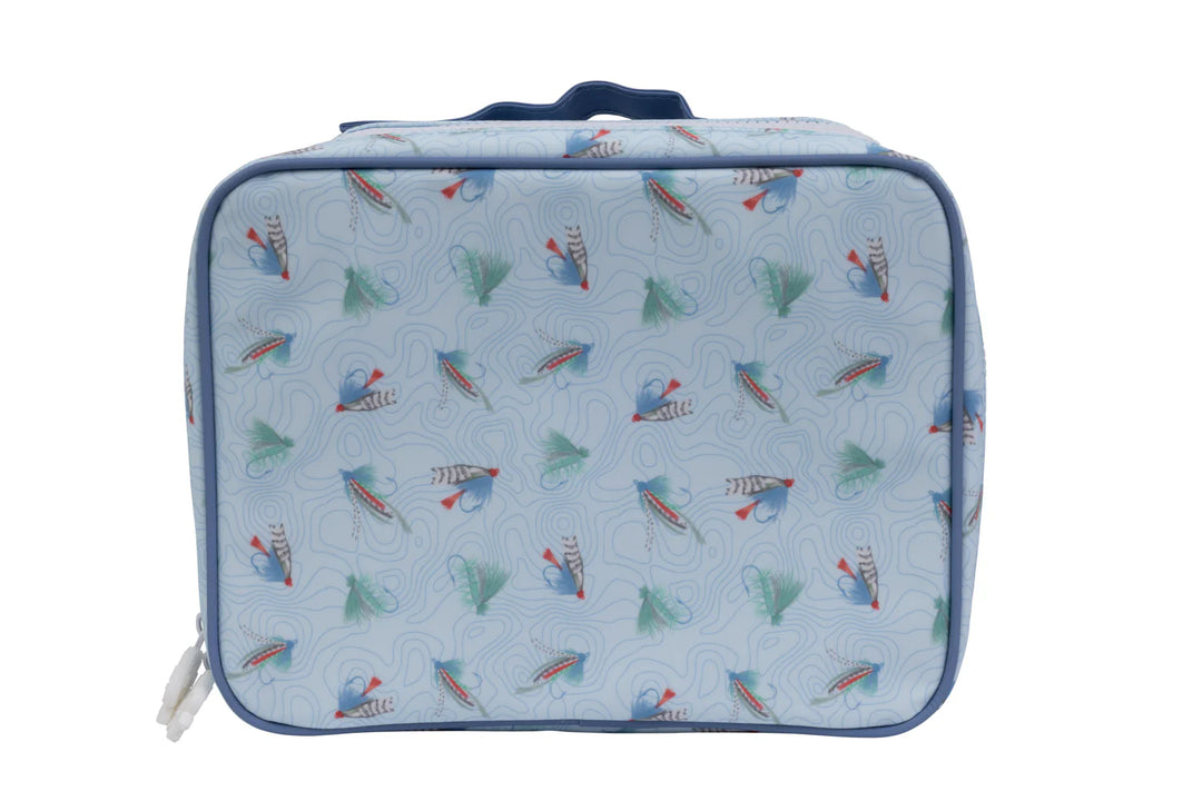 BLUE LUNCH BAG WITH FLY FISHING FLIES PRINTED ALL OVER ON WHITE BACKGROUND