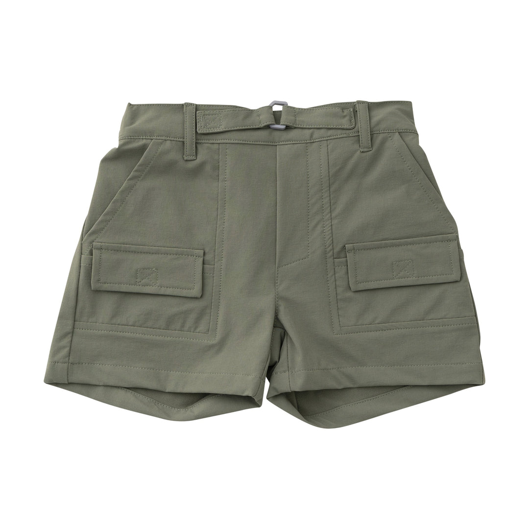 Green shorts with multiple pockets on a white background