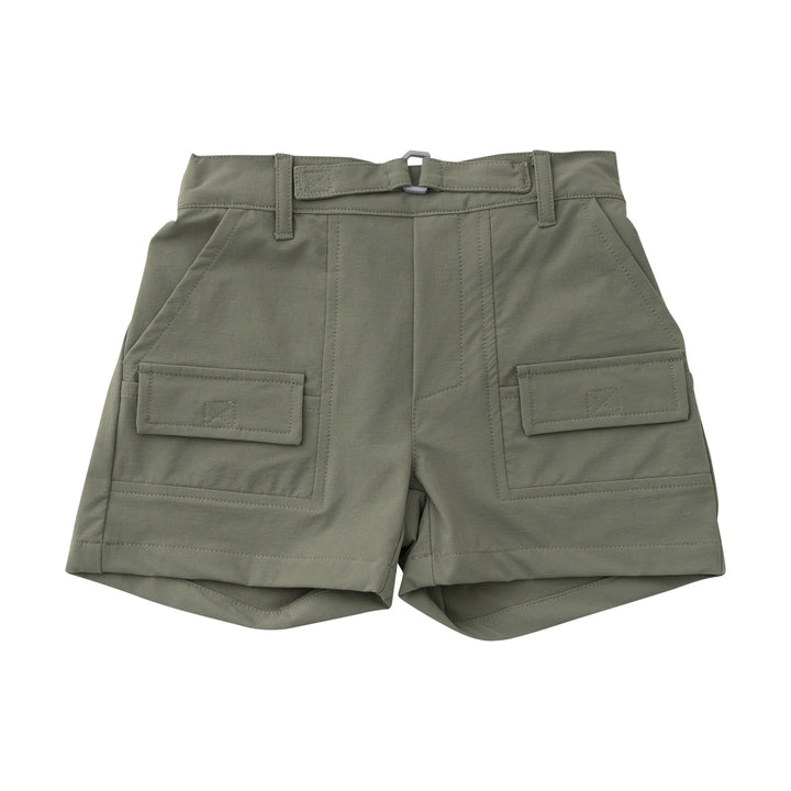 Green shorts with multiple pockets on a white background