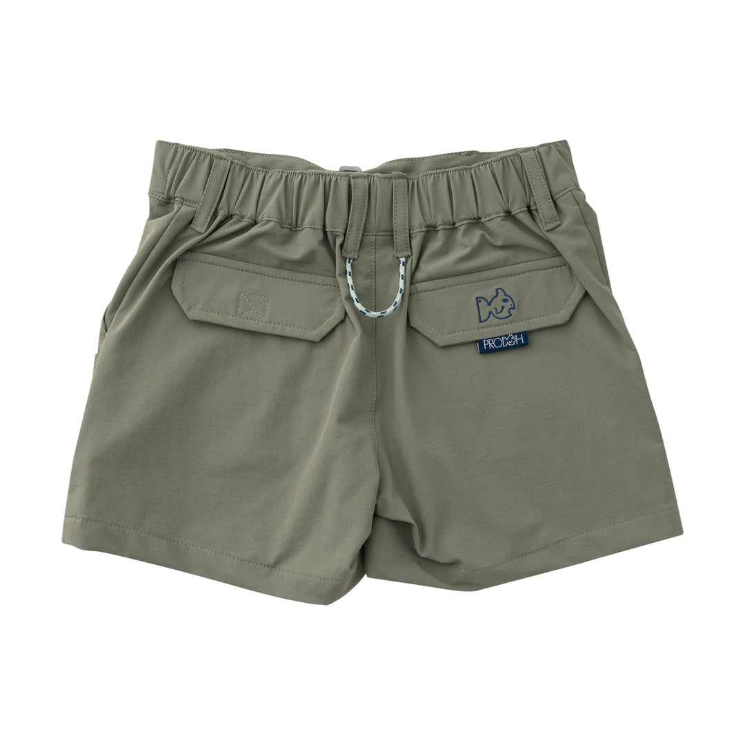 Green shorts with a brand logo on a white background