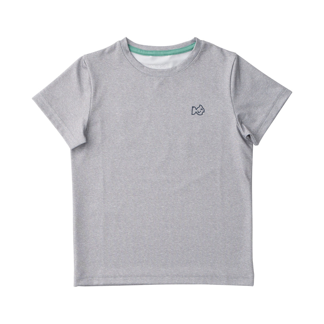 Gray t-shirt with a small logo on a white background