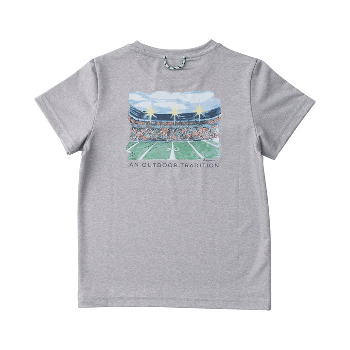 Gray t-shirt with a stadium graphic and 'An Outdoor Tradition' text on a white background