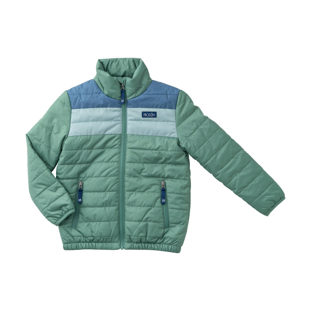 Green puffer jacket with blue accents on a white background