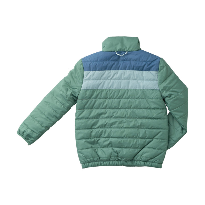 Green and blue puffer jacket on a white background