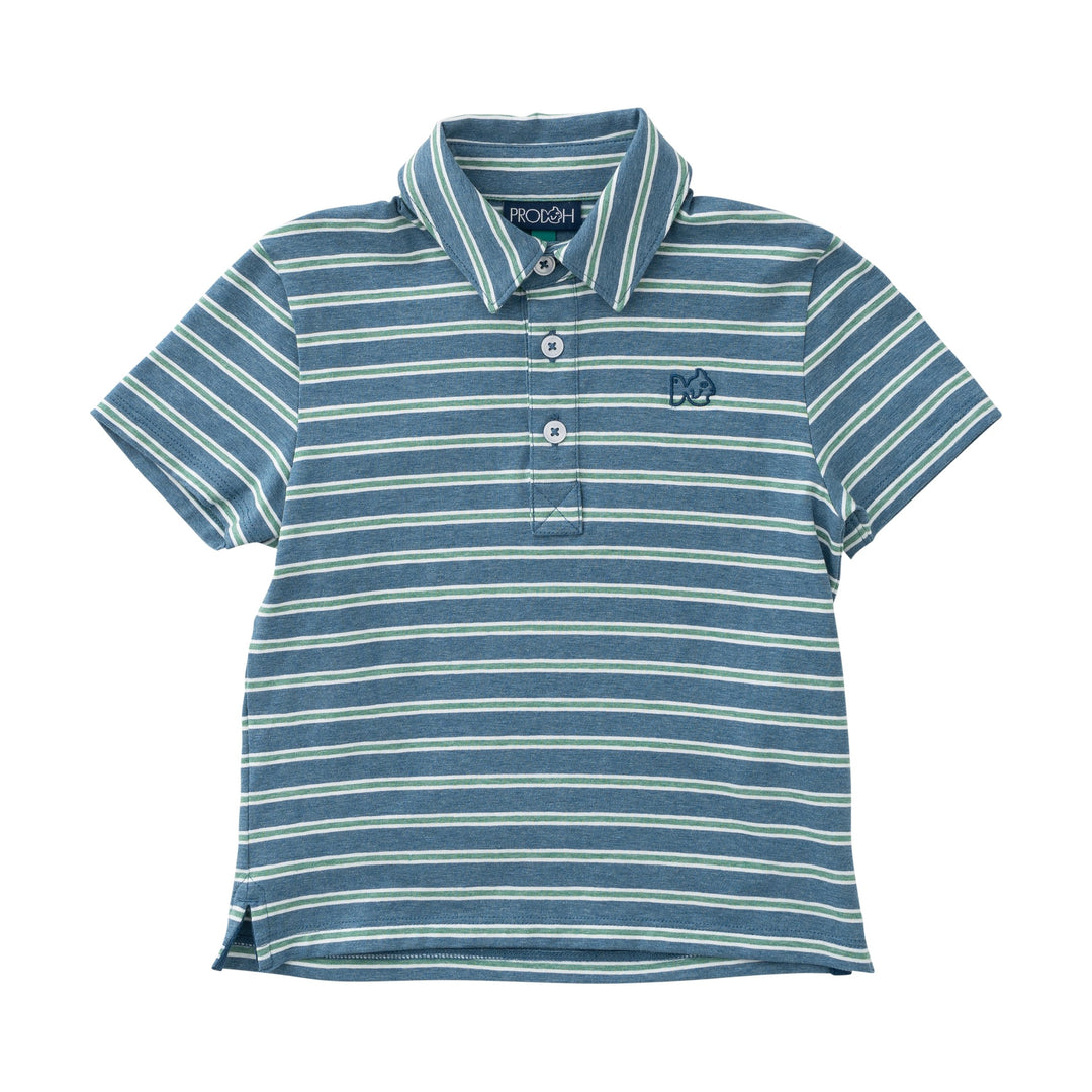 Blue and white striped polo shirt on a white background