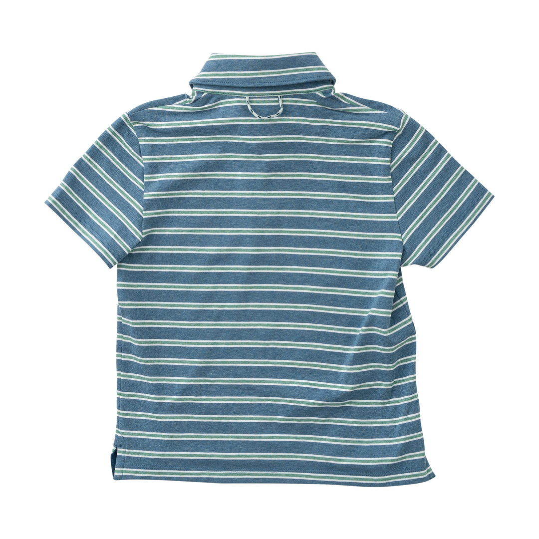 Blue and white striped polo shirt on a white background