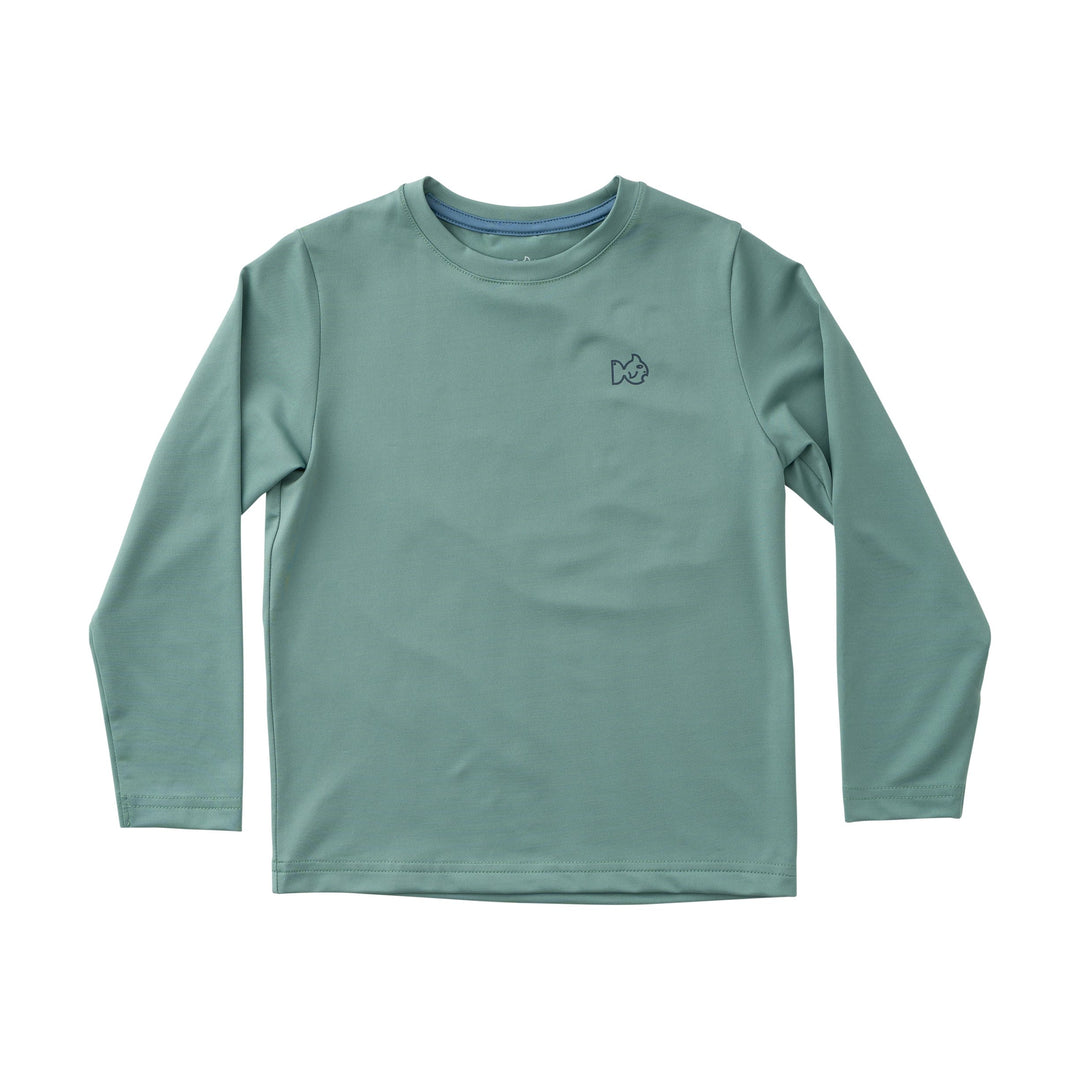 Green long-sleeve shirt with a small logo on a white background