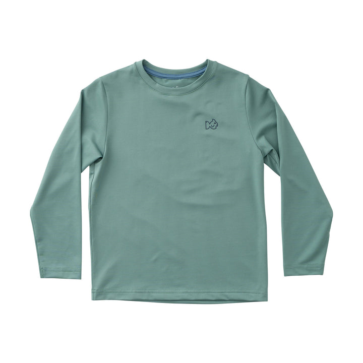 Green long-sleeve shirt with a small logo on a white background