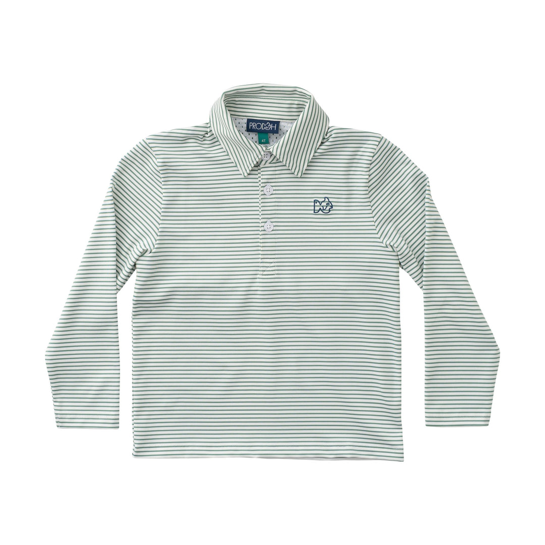 Green and white striped long-sleeve polo shirt on a white background