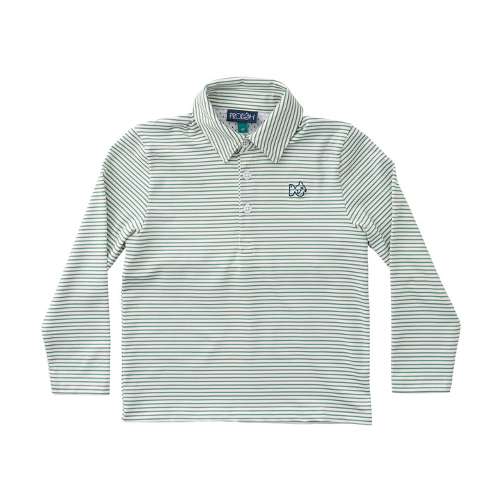 Green and white striped long-sleeve polo shirt on a white background