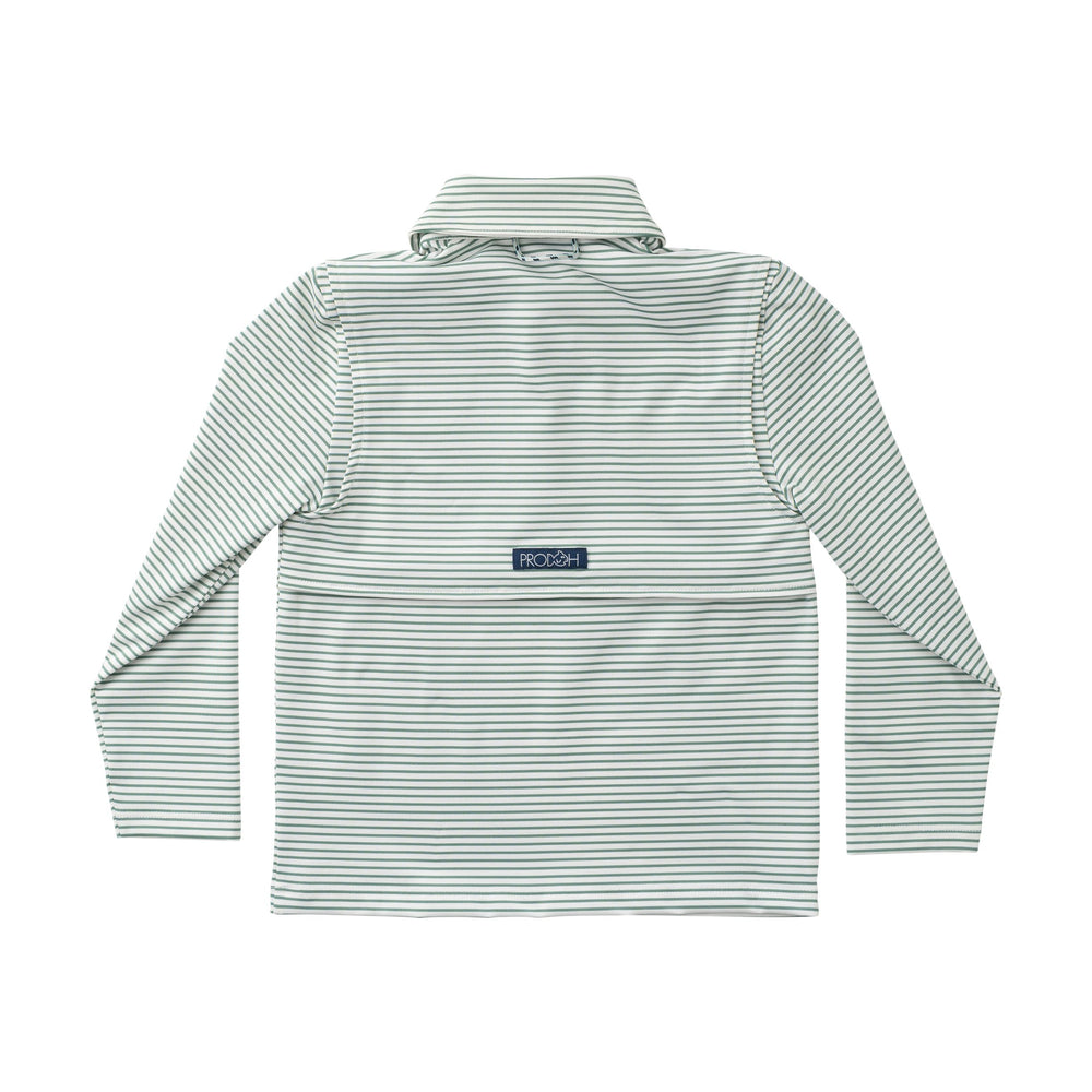 Back view of a striped shirt with a visible brand logo on a white background