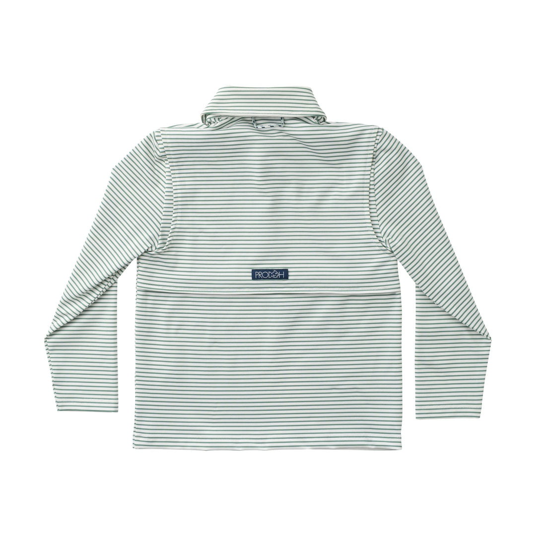 Back view of a striped shirt with a visible brand logo on a white background