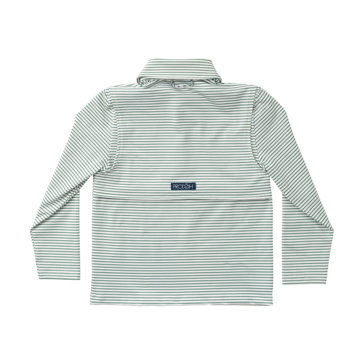 Back view of a striped shirt with a visible brand logo on a white background