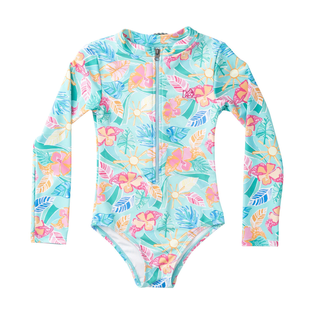 Children's floral swimsuit with long sleeves on a white background