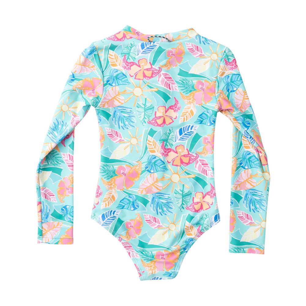Floral patterned swimsuit with long sleeves on a white background