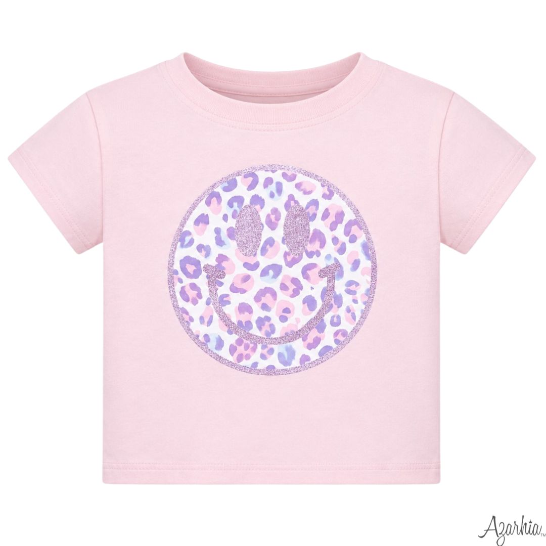 GLITTER LEOPARD LOVE SMILEY PINK BOXY TEE