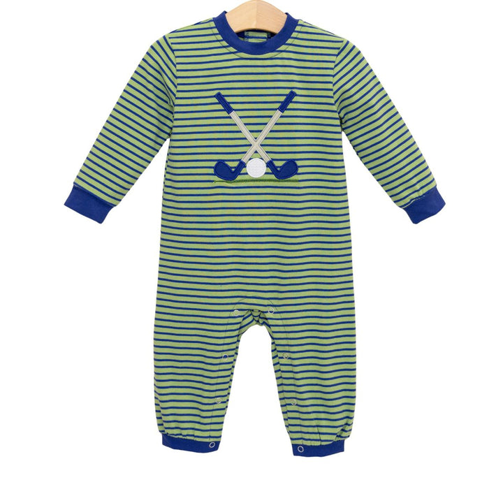 GOLF CLUBS APPLIQUE GREEN & NAVY STRIPED ROMPER