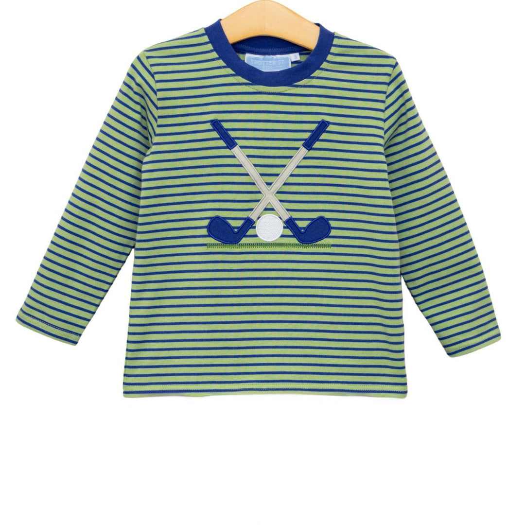 GOLF CLUBS APPLIQUE GREEN & NAVY LONG SLEEVE SHIRT ON WHITE BACKGROUND