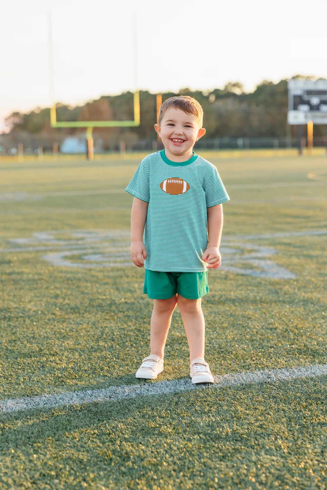 GREEN STRIPED FOOTBALL APPLIQUE SHIRT