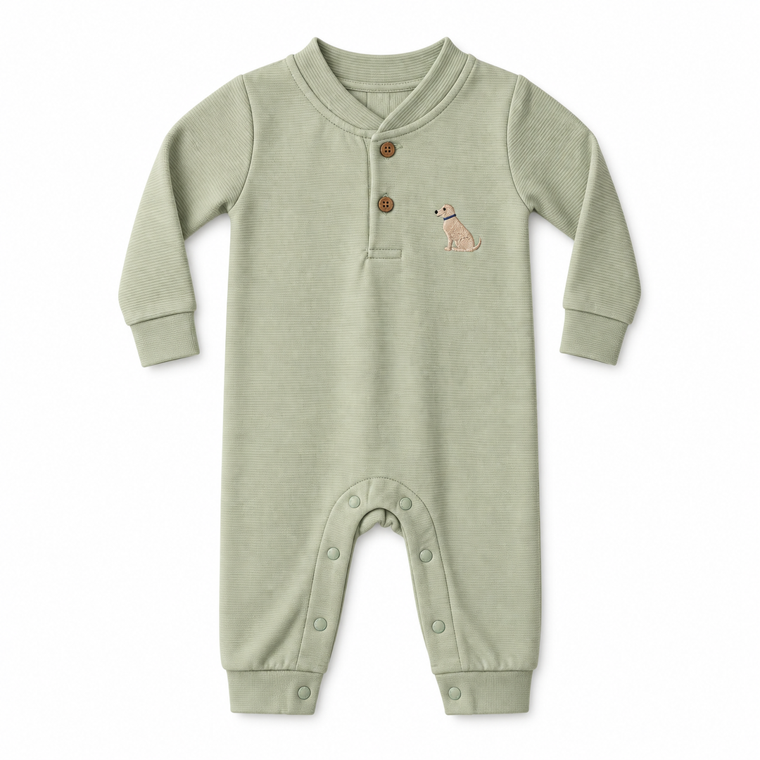 DOG MOTIF GREEN RIBBED HENLEY ROMPER