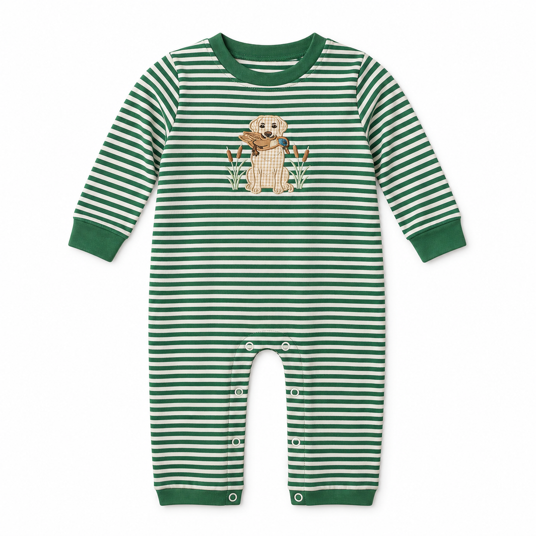 HUNTING BUDDY GREEN STRIPE BOYS ROMPER