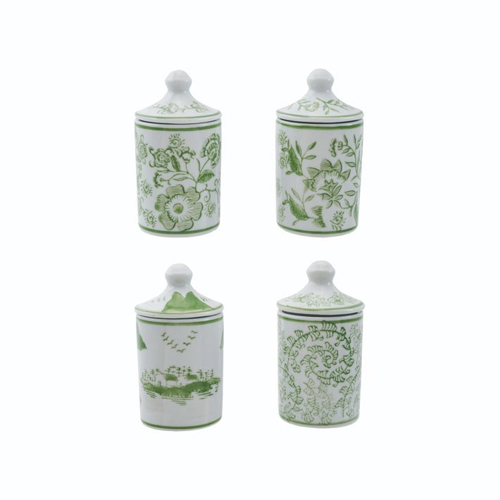 GREEN & WHITE HAND STAMPED SPICE JARS