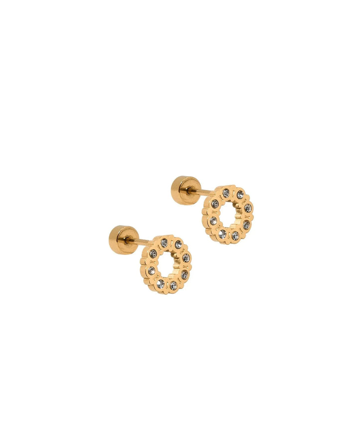 Linny Co Brinley CZ gold screwback stud earrings with open crystal circle design