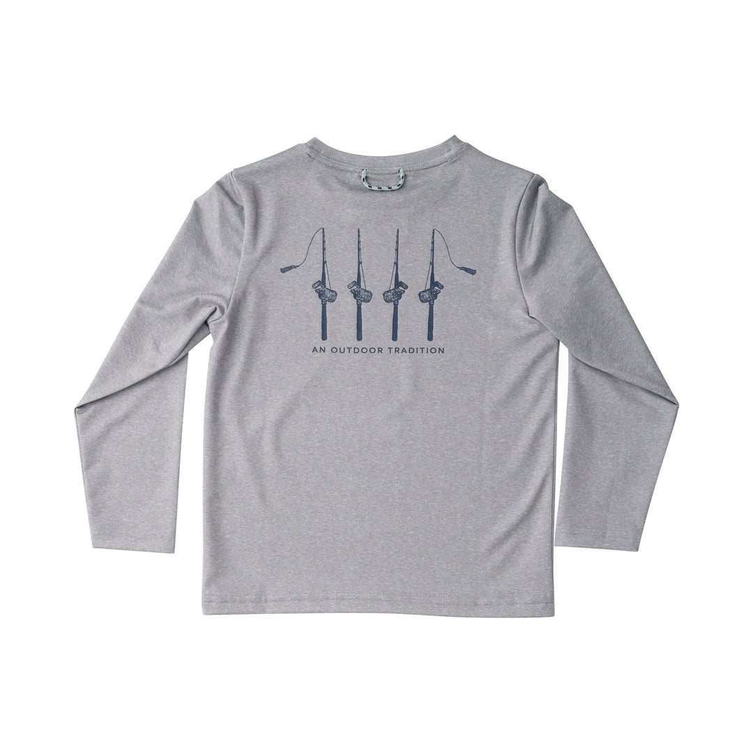 Gray long-sleeve shirt with fishing rod design on a white background