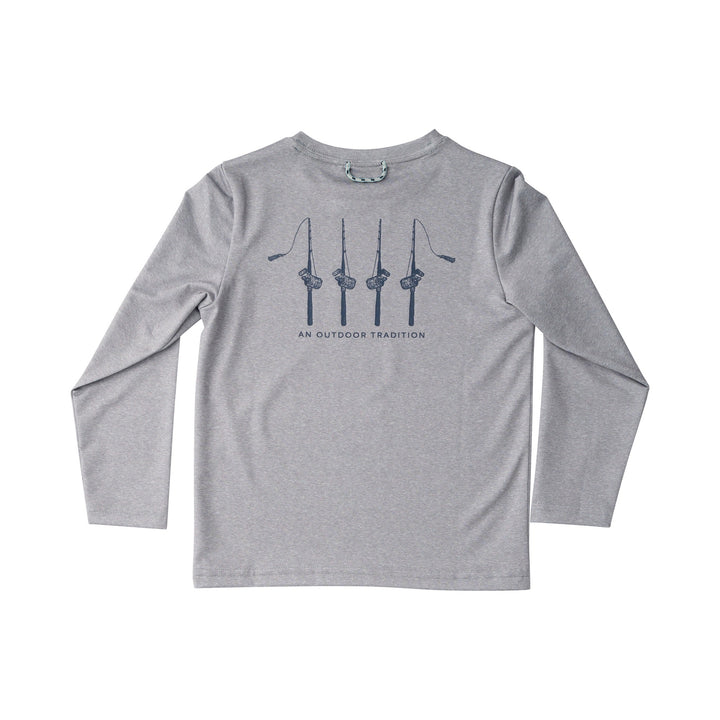 Gray long-sleeve shirt with fishing rod design on a white background