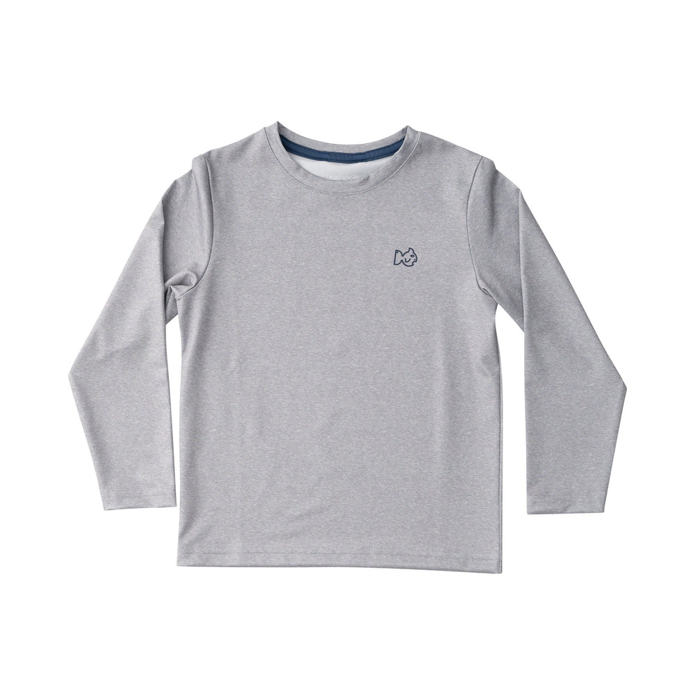 Gray long-sleeve shirt with a small logo on a white background