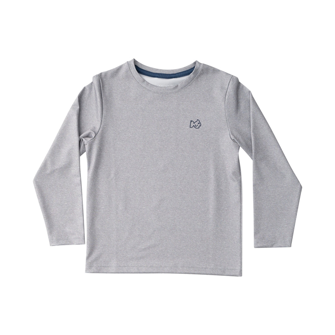 Gray long-sleeve shirt with a small logo on a white background