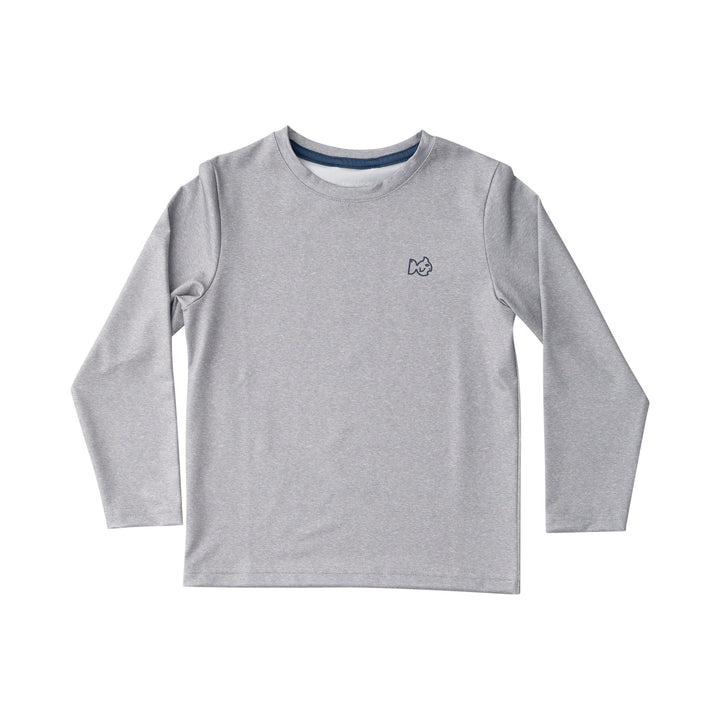 Gray long-sleeve shirt with a small logo on a white background