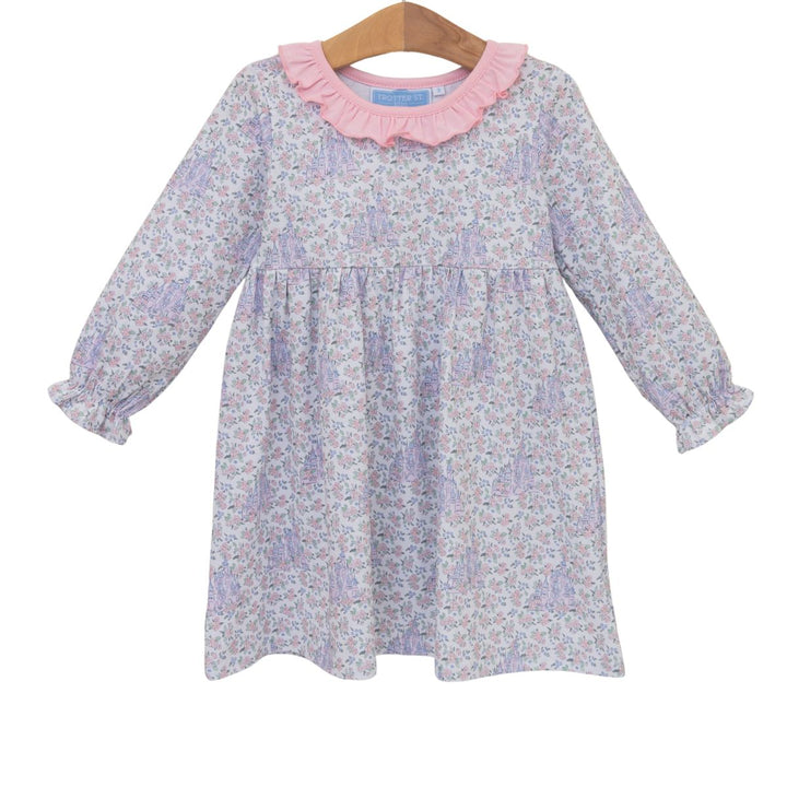 LONG SLEEVE GIRLS DRESS WITH PINK RUFFLE COLLAR AND PURPLE AND PINK FLORAL PRINT