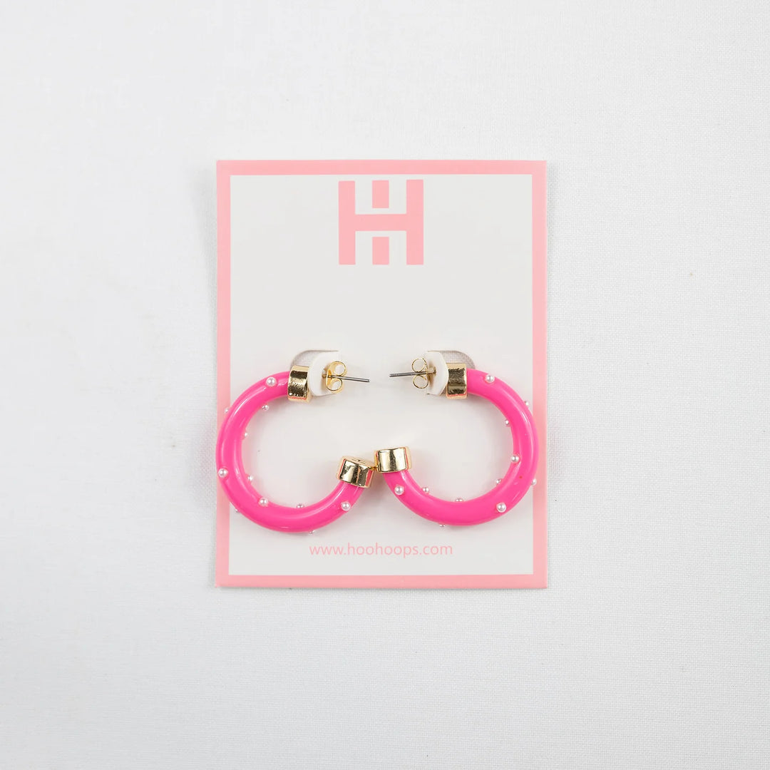 HOT PINK MINI HOOPS WITH PEARLS