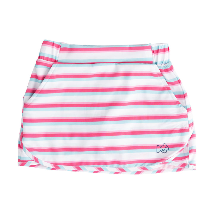 WHITE PINK AND BLUE STRIPED GIRLS SKIRT ON WHITE BACKGROUND 