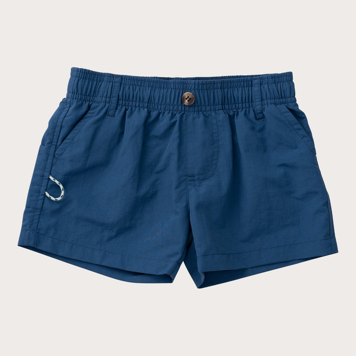 Blue shorts with a button and small patch on a light gray background