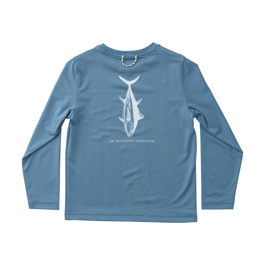 Blue long-sleeve shirt with a fish graphic on a white background